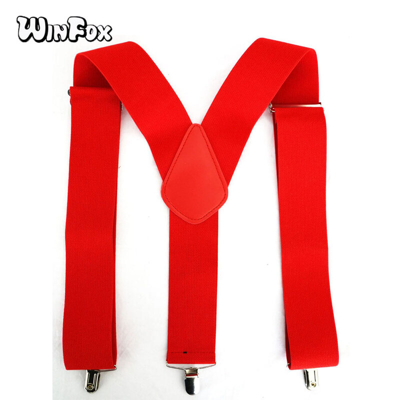 Winfox suspensório elástico adulto, calças vintage preto vermelho 5cm de largura sólidas suspensórios masculinos 3 clip-on