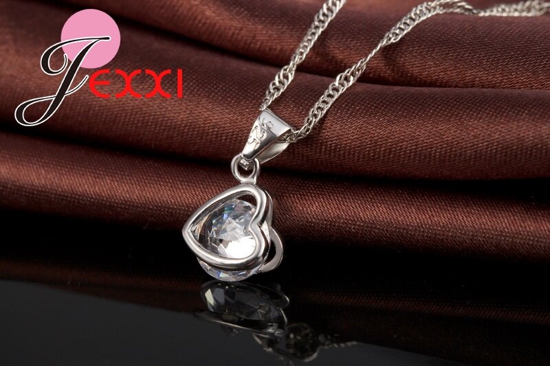 Top Qualtiy 925 Sterling Silver  Chain Hollow Heart Crystal Earring Necklace Wedding Jewelry Sets Bride Accessories