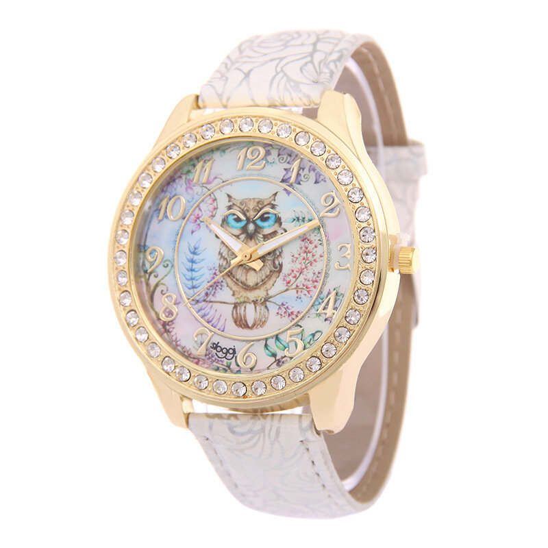MINHIN Top Marca de Luxo relógio de Pulso Senhoras Rose Pattern Leater Pulseira Relógios Design Coruja Ouro Rhinestone Casual Assista Relojes