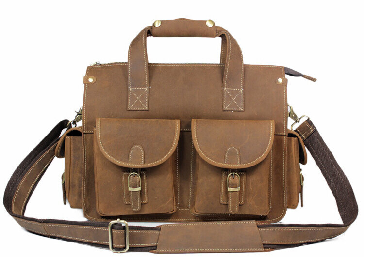 Sac Vintage en cuir véritable pour hommes, sacoches en cuir de cheval fou, porte-documents, sac d'affaires pour ordinateur portable, marron et or, 2016