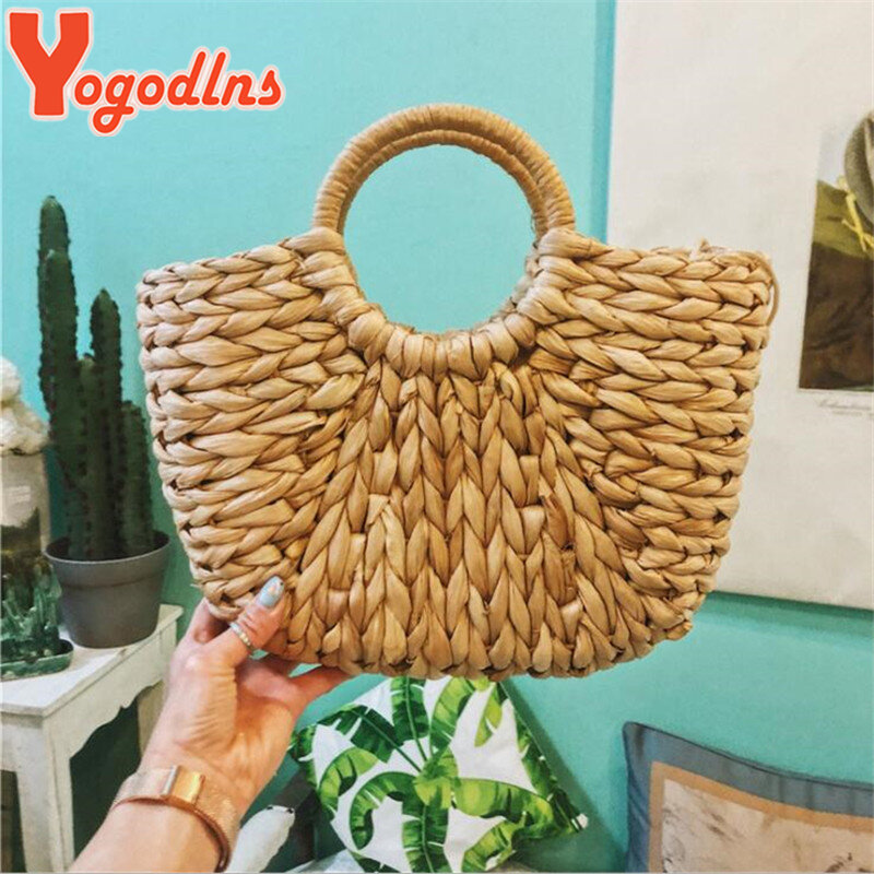 Yogodlns Simple Straw Handbag for Girls Summer Beach Travel Hand Bag Half Moon Hand Woven Rattan Handbags Round Handle Bags