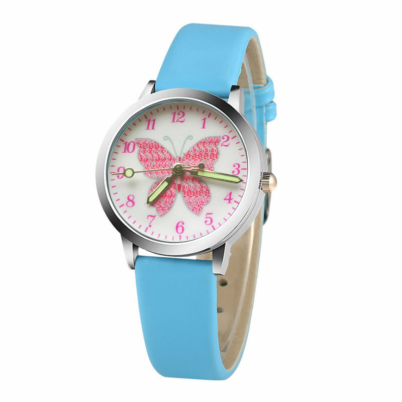 Reloj de dibujos animados de mariposa rosa para niños, regalo de cumpleaños para niños pequeños, reloj de cuarzo deportivo azul, reloj de cuero