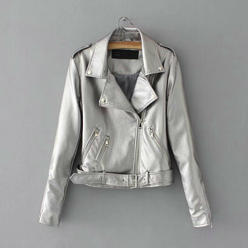 2021 New Fashion Women Autumn Winter Faux Soft Leather Jackets Ladies PU Silver Black Pink Zippers Coats Motorcycle Outerwear