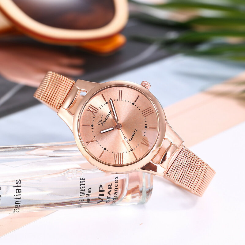 Casual Quartz Stainless Steel Band New Strap Watch Analog Wrist Watch Simple Watches Rhinestones Dress Woman Watch Rose