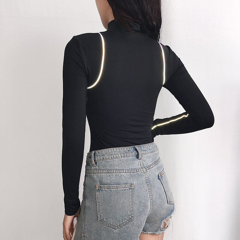 Rockmore Bodycon Lengan Panjang Garis Reflektif Zipper Bodysuit Wanita Surat Dicetak Wanita Baju Streetwear Musim Gugur Musim Dingin