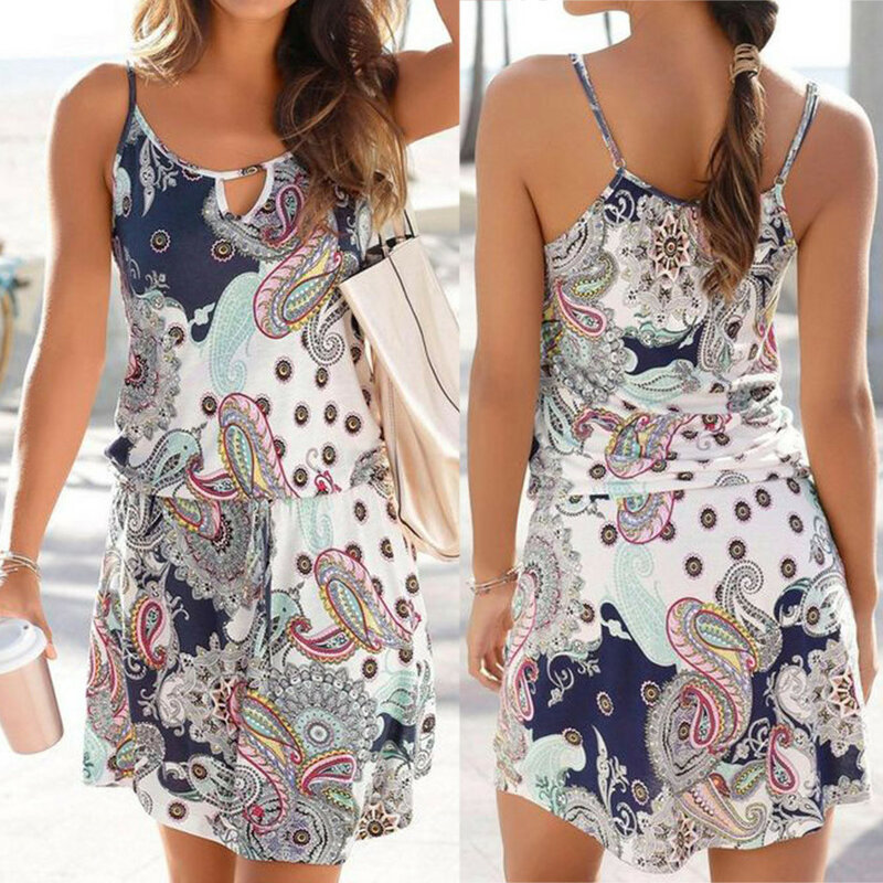 Vestidos de verano Mini sukienka styl Boho kwiatowy Print plaża sukienka tunika Sundress luźna Mini impreza sukienka Vestidos Plus rozmiar W0619