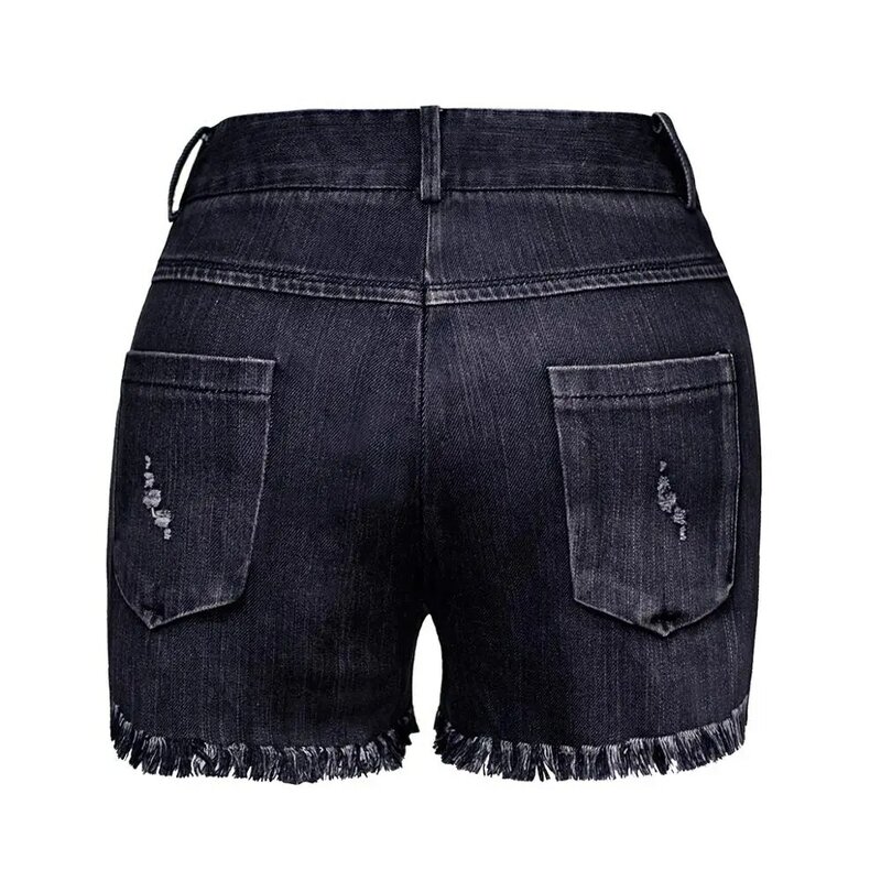 SX Vintage ฤดูร้อน ripped hole fringe slim Casual กระเป๋าเอวสูงสีน้ำเงินเข้ม denim กางเกงขาสั้นผู้หญิง