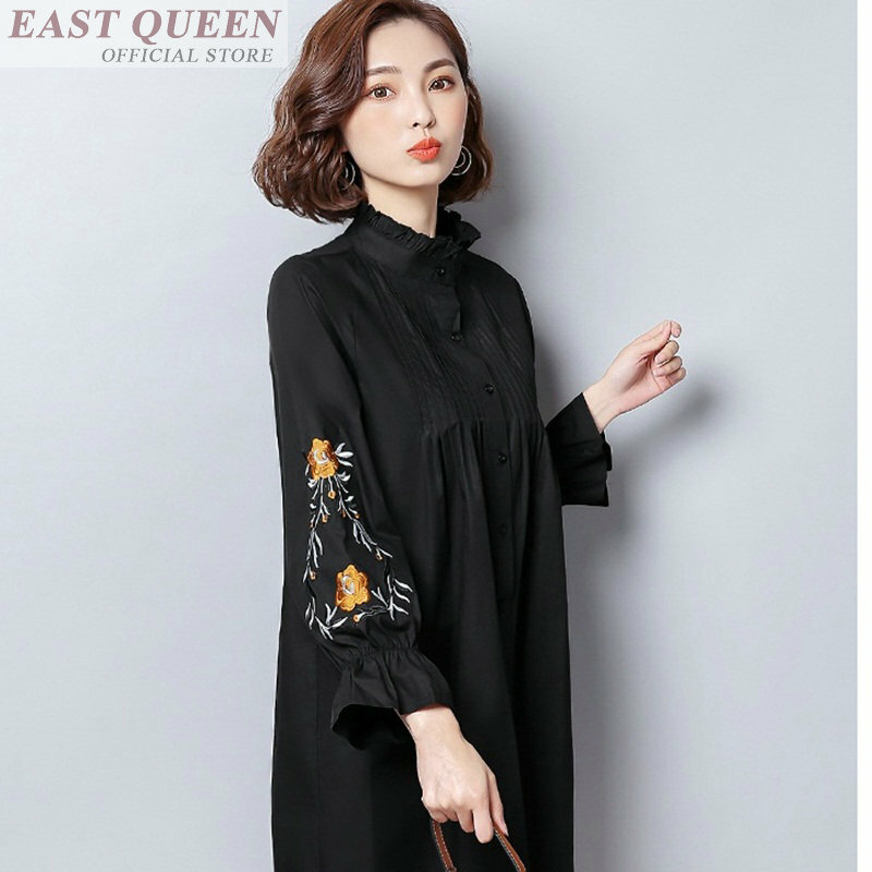 Blouse shirt women embroidery stand floral print casual blouses full butterfly sleeve loose office lady fashion tops DD604 L