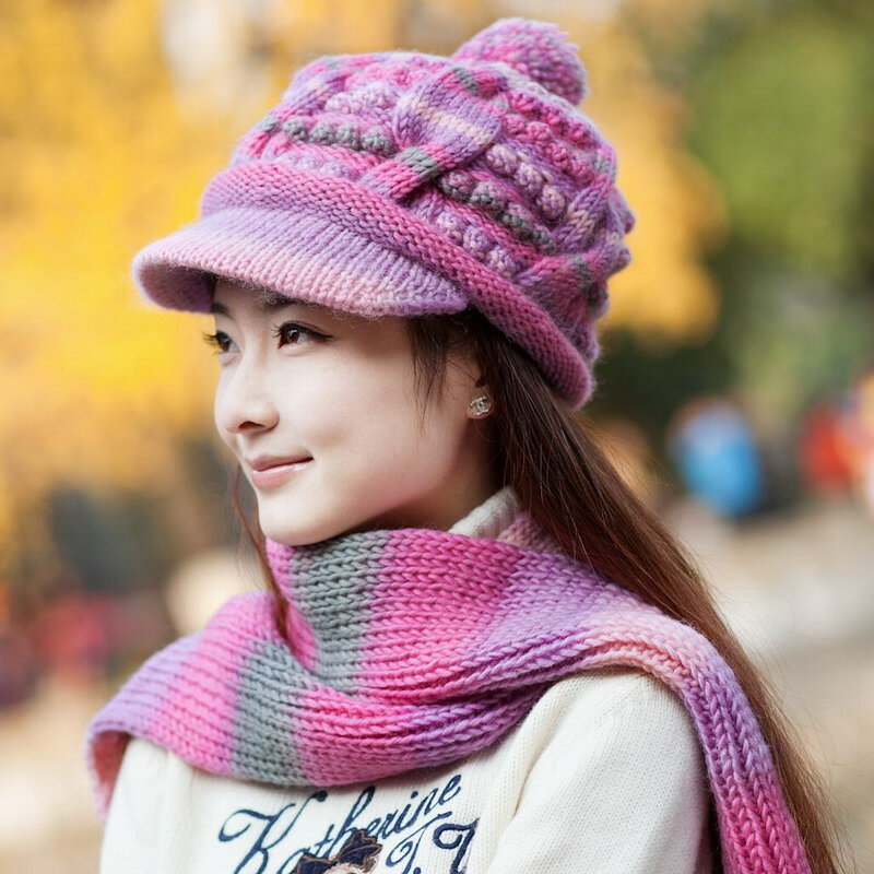 Thermal cold-proof winter hat female knitted hat scarf wool cap twinset knitted beret hat wool female winter warm cap scarf sets