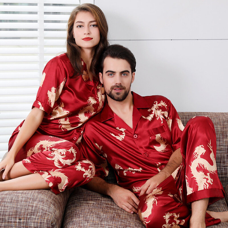 Conjunto de pijamas cetim de seda, pijamas de manga comprida, loungewear para mulheres e homens, conjunto 2 peças