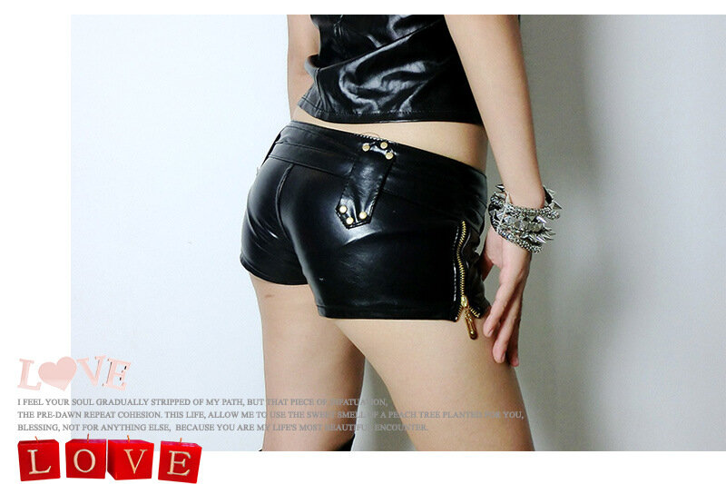 Sexy Women Shiny Faux Leather Hot Shorts Double Sashes Low Rise Waist Micro MINI Shorts With Zipper Open Exotic Culb Wear F33