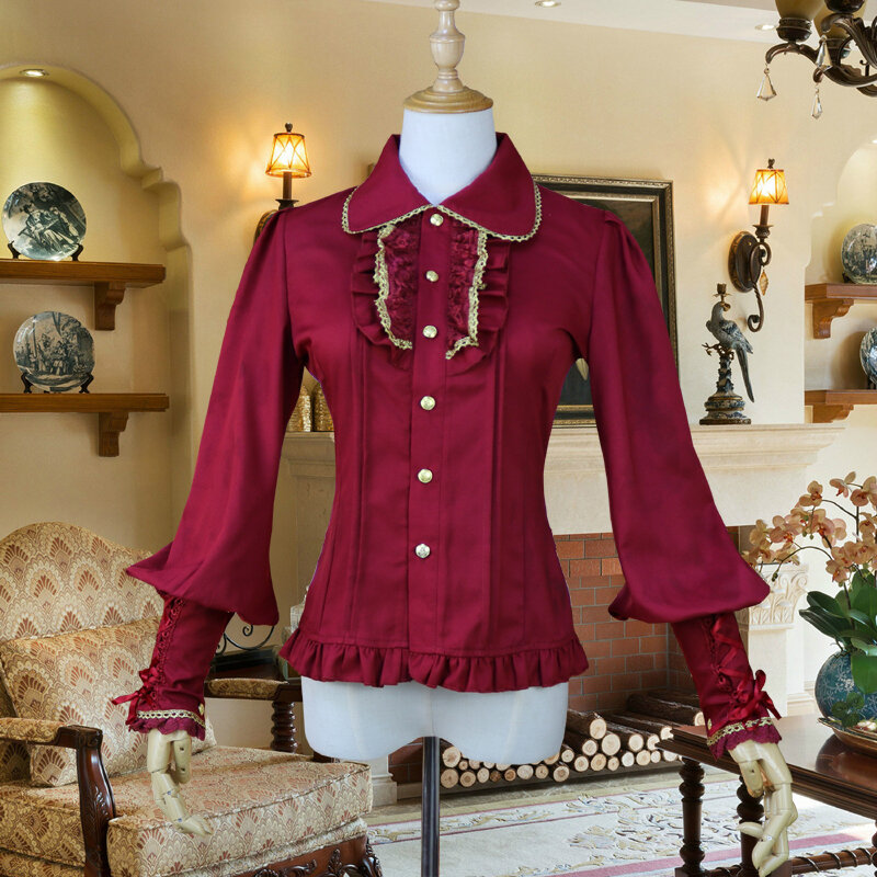 Chemise en mousseline de soie Lolita pour femmes, Vintage, gothique, Slim, à l'intérieur, avec nœud en dentelle, manches longues, mode printemps