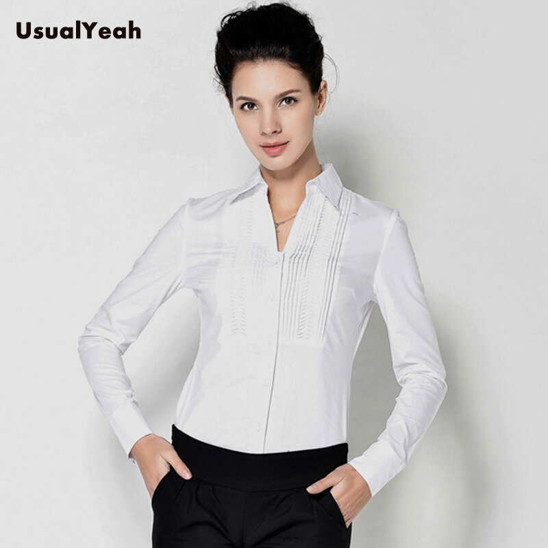 New  Fashion Women Casual Body Shirts Blouses Long sleeve V-neck Pleated office blusas femininas white S M L XL SY0257