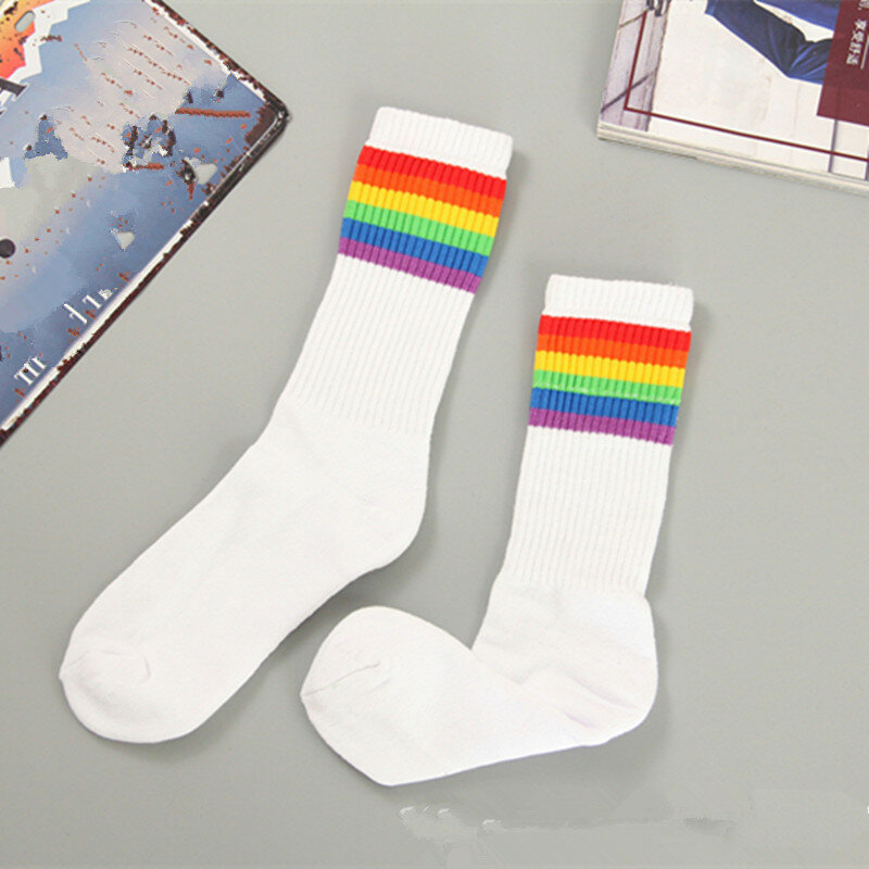 Rainbow Stripe Cotton Socks, Novidade Colorida, Absorvente de Suor, Lgbt, Gay, Orgulhoso, Presentes, Esportes, 1 Par, YLM9918