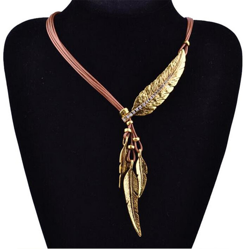 Collier Femme plume colliers et pendentifs corde en cuir Vintage Maxi Colar pour déclaration Collier femmes mode Bijoux Bijoux
