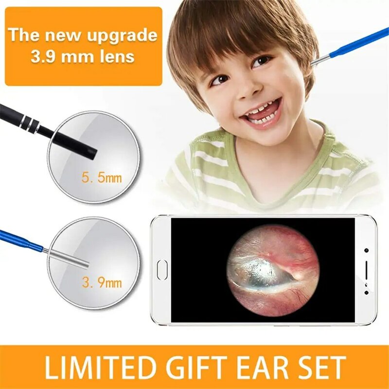Otoscopio de oído para niños, 3,9 MM, 3 en 1, limpieza de oídos, endoscopio, cámara de inspección con 6 LED ajustables para PC, USB-C, Android