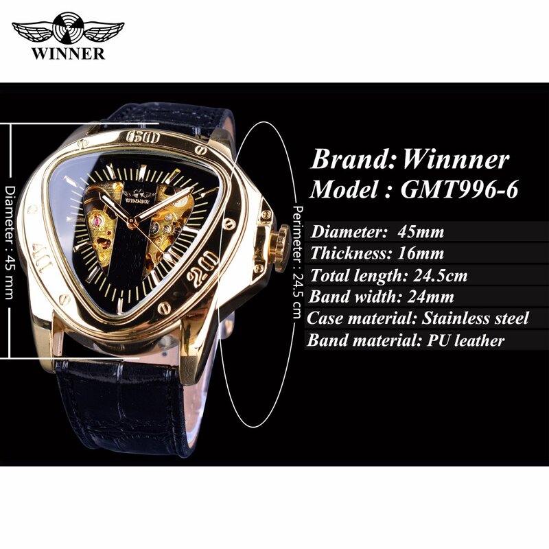 Reloj Mecánico de lujo para hombre, correa de cuero, diseño triangular, reloj de pulsera mecánico automático, relojes deportivos masculinos