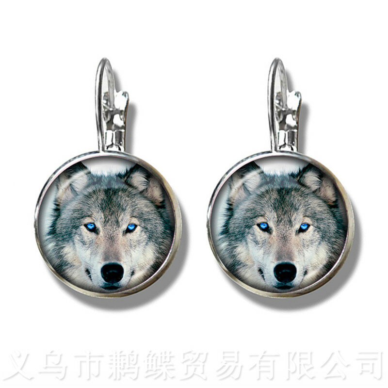 Classic 16mm Glass Dome Stud Earrings Wolf Head Pattern Glass Metal Buckle Punk Jewelry Silver Plated Earrings For Women