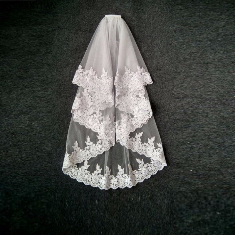 2021 Elegant Bridal Veilsขอบลูกไม้2ชั้นผ้าคลุมหน้าTulle Ivoryสีขาว2018 Veu De Noivaชุดเจ้าสาวอุปกรณ์เสริมหวี