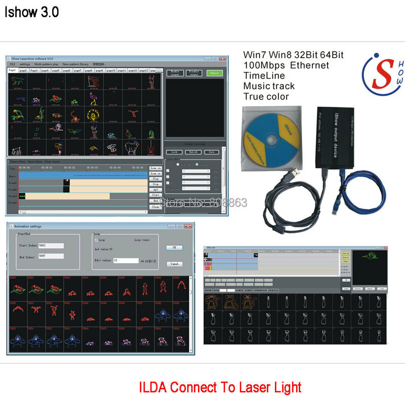 Eshiny-Software de espectáculo láser iShow V3.0, interfaz USB ILDA + RJ45 para discoteca, DJ, DMX Bar, luz láser de escenario similar a QUICKSHOW N8T92