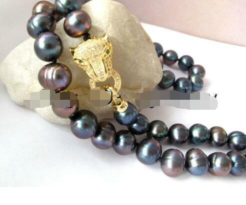Collana di perle d'acqua dolce ovali nere chiusura leopardata in cristallo dorato 26"