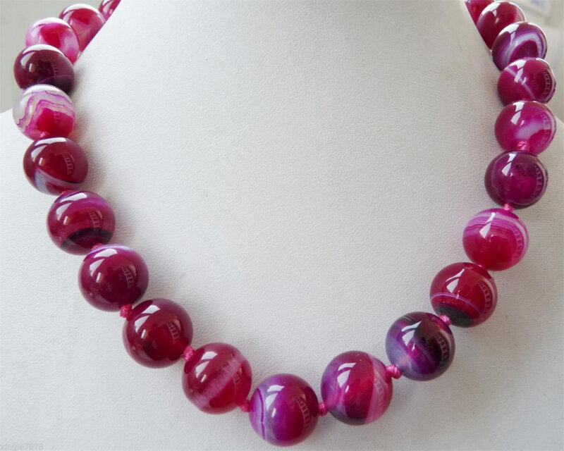Natural 10mm Pink Striped Gems Bead Necklace 18Inch