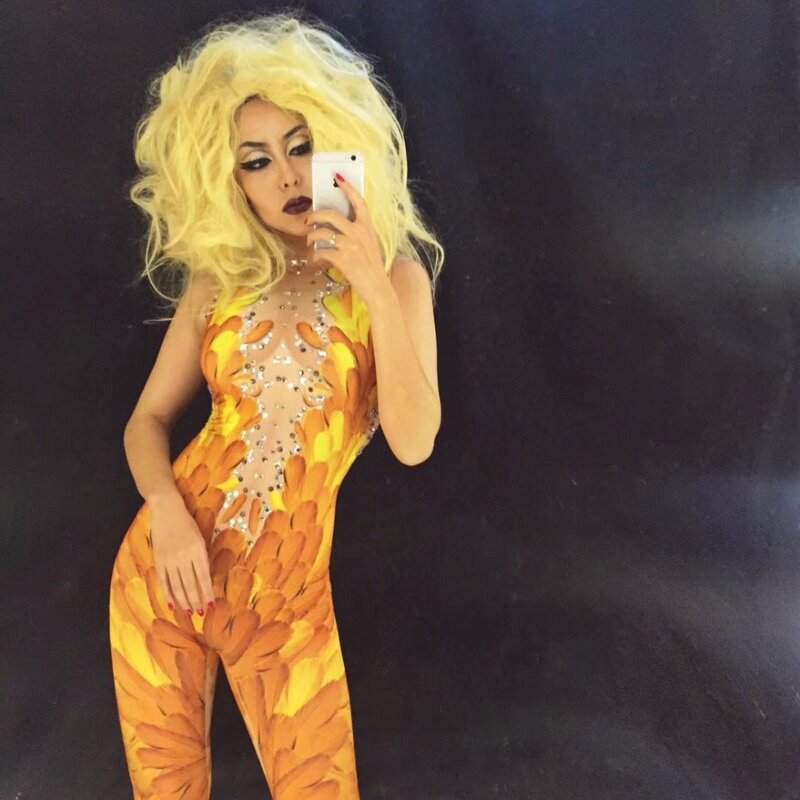 Yellow Feather Sparkly Rhinestone 3D Printed Sexy Stage Jumpsuit for Birthday Celebrate Nightclub Singer Performance Stage Wear