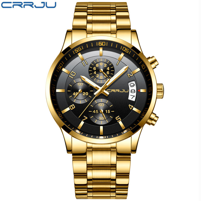 CRRJU Chronograph trwałe zegary mężczyźni Business Casual wodoodporny złoty czarny pełny stalowy zegarek kwarcowy Relogio Masculino 2214