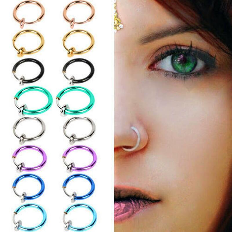 2 Pcs Fake Clip on Spring Nose Septum Ring Earring Non Piercing Unisex Jewelry Women Girl Simple Round Circle Small Ear Stud