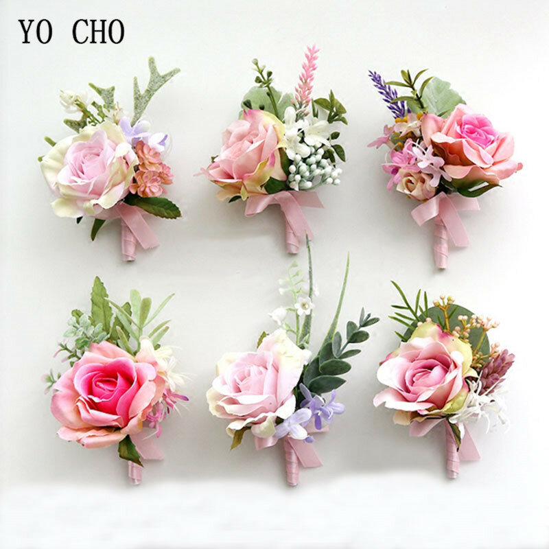 YO CHO Boutonniere 웨딩 코사지와 Boutonnieres 핑크 장미 실크 꽃 Boutonnieres 신랑 남성 결혼 웨딩 액세서리