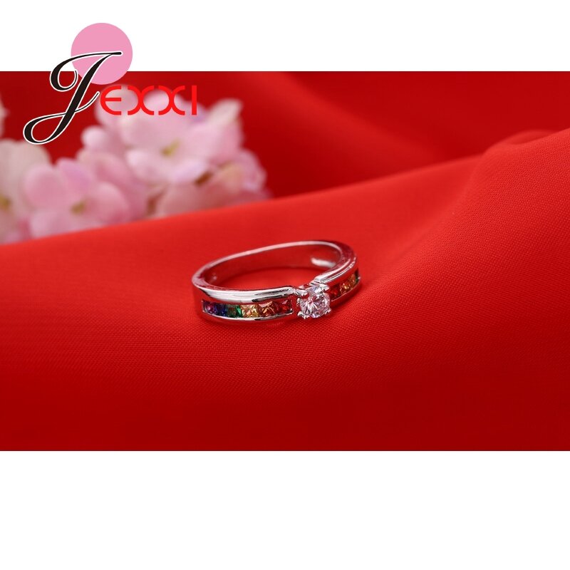 Anéis De Casamento De Cristal para Mulheres, Real 925 Sterling Silver, Várias Cores, Redondo Colorido, CZ Moda Jóias, Acessórios Senhoras