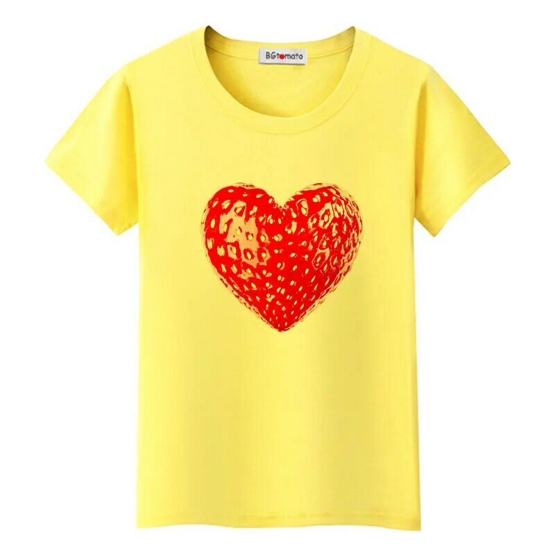 Bgtomate fresa corazón camiseta diseño creativo camiseta mujeres hermosas tops rojo gráfico camisetas amigos camisa femenina