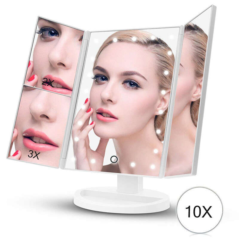 DONWEI 22 LED Touch Screen Make-Up Spiegel 1X 2X 3X 10X Vergrootglas Spiegels 4 in 1 Tri-Gevouwen Desktop make-up Spiegel Verlichting