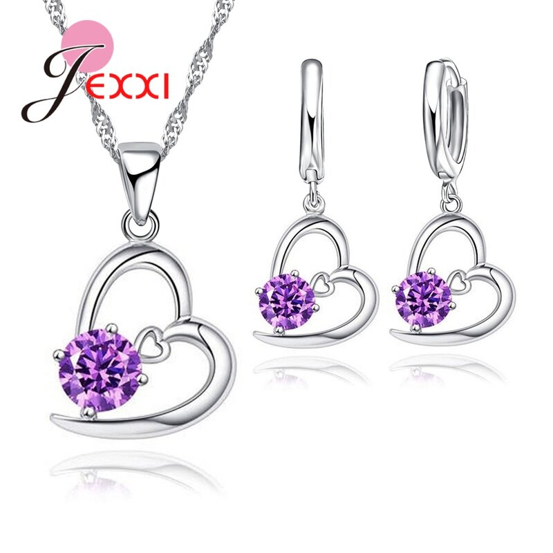 Conjuntos de joyas de plata de ley 925 para mujer, collar de cristal CZ encantador romántico, Pendientes colgantes para mujer, Día de San Valentín, boda