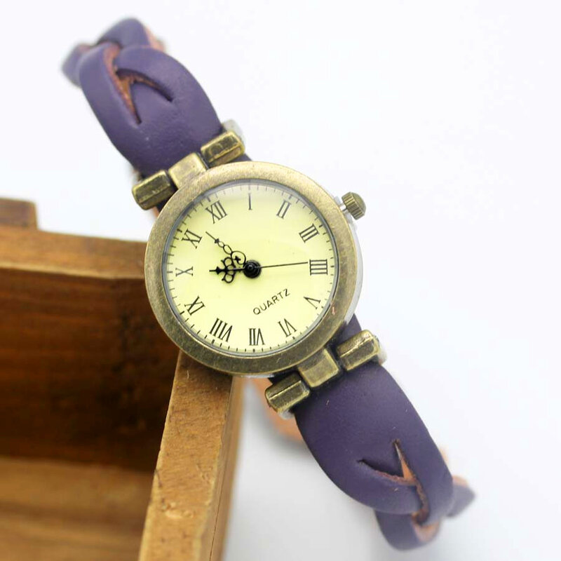 Shsby-Reloj de pulsera con correa de cuero para mujer, cronógrafo sencillo unisex, estilo romano vintage, de bronce