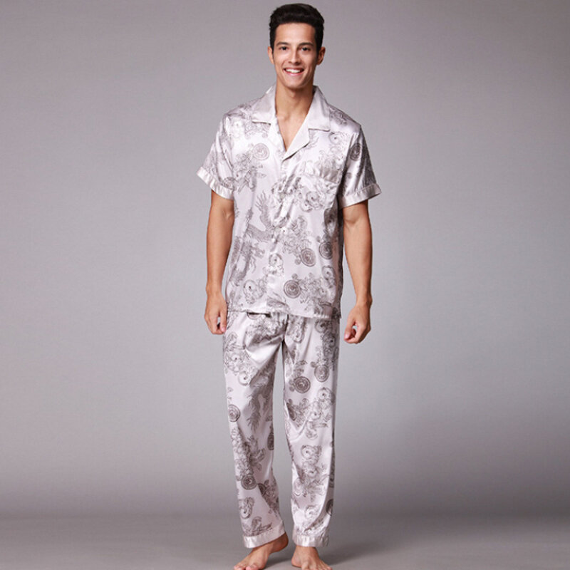 SSH021 Autumn Summer Loungewear Short Sleeves Long Pants Pajama Set Men Printed Satin Silk Pyjamas Male Pajamas Pijama Sleepwear