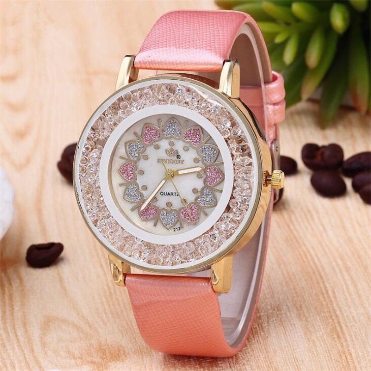 MINHIN damas encanto gran Dial relojes tendencia venta cuero oro de cuarzo pulsera de corazón de cristal de diseño de relojes de mujer