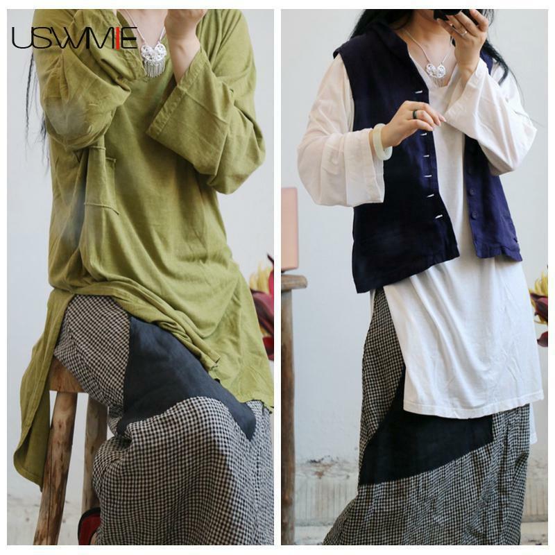USWMIE-camisas de talla grande para mujer, blusa corta de Color liso con bolsillos y cuello en V, Tops de estilo Joker, 4 colores, 2020