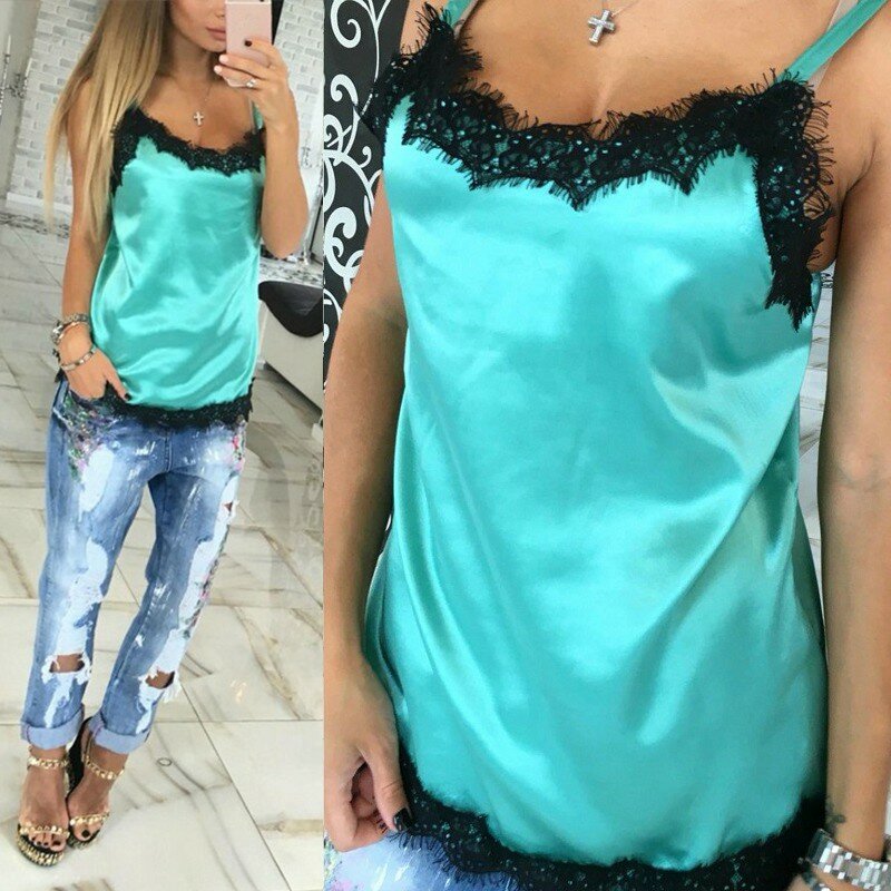Sexy Women Summer Sleeveless V-neck Beach Strap Top  Shirt Solid Color Lace Patchwork Vest Top Woman