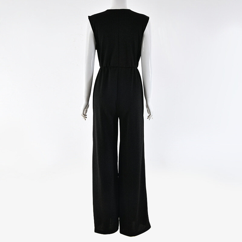 2019 Sparkly Deep V-Neck Sexy Jumpsuit Women Spring Summer Sleeveless Wide Leg Loose Women Rompers Black Casual Ladies Jumpsuits