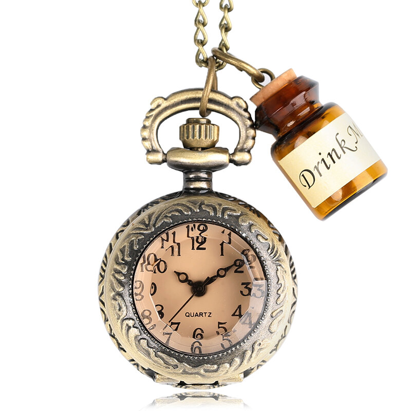 الرجعية Vintage قلادة برونزية ساعة الجيب قليلا لطيف شرب لي علامة قلادة سلسلة قمة الموضة هدايا للبنات النساء