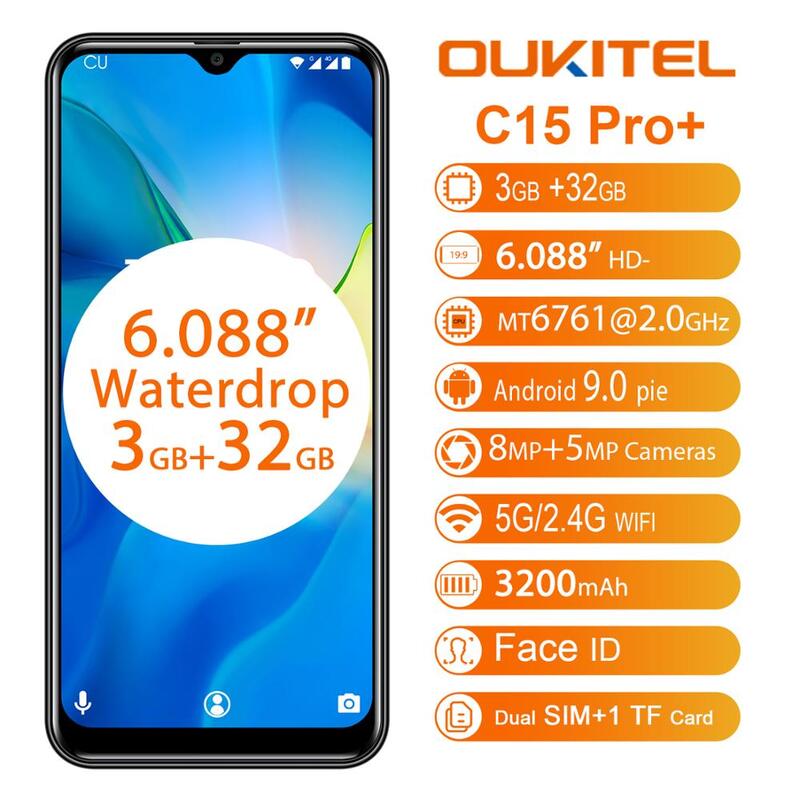 OUKITEL C15 프로 안드로이드 9.0 휴대 전화 3 기가 바이트 32 기가 바이트 MT6761 지문 얼굴 ID 4G LTE 스마트 폰 2.4G/5G 와이파이 물방울 화면