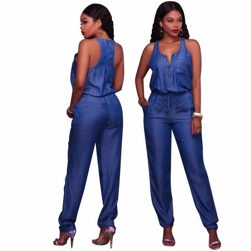 Không tay denim jumpsuit Lỏng playsuit jeans bodysuit Phụ Nữ