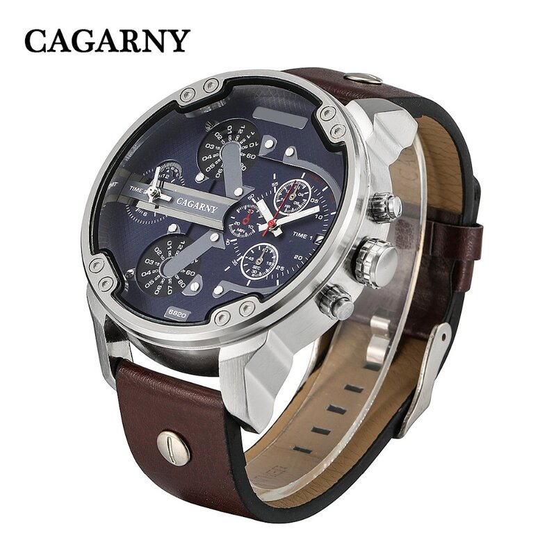 Cagarny-Reloj de pulsera deportivo militar para hombre, cronógrafo de cuarzo analógico con correa de cuero y funda grande, marca de lujo