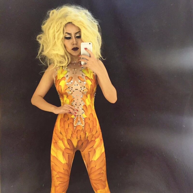 Yellow Feather Sparkly Rhinestone 3D Printed Sexy Stage Jumpsuit for Birthday Celebrate Nightclub Singer Performance Stage Wear