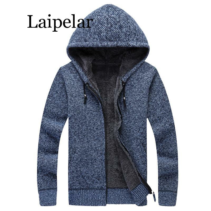 Laipelar Winter Men Jacket thick velvet cotton hooded fur jacket menwinter padded knitted sweater Cardigan Spring Outdoors