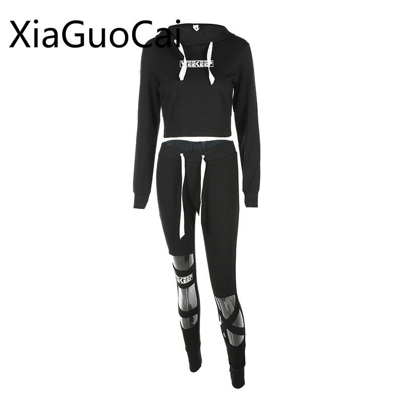 XiaGuoCai Fashion Women Suits Hollow Out 2 Piece Set Women Black Crop Top High Quality Spring Sets Pullover W10 35