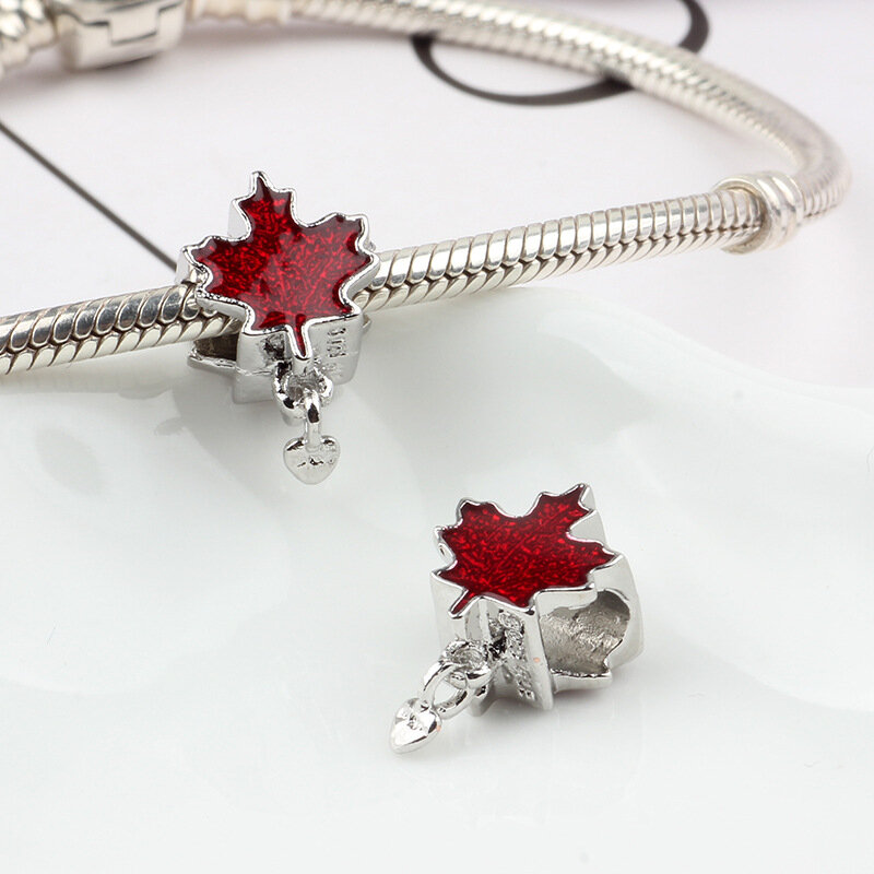 Asli Berlapis Perak Manik-manik Paduan Maple Daun Pesona Kanada Cinta Fit Gelang & Gelang DIY Wanita Perhiasan Membuat