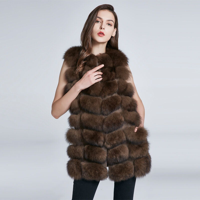 JKP – gilet en fourrure de renard naturelle 100% pour femme, manteau en cuir, de haute qualité, à la mode, long, HWM-70C