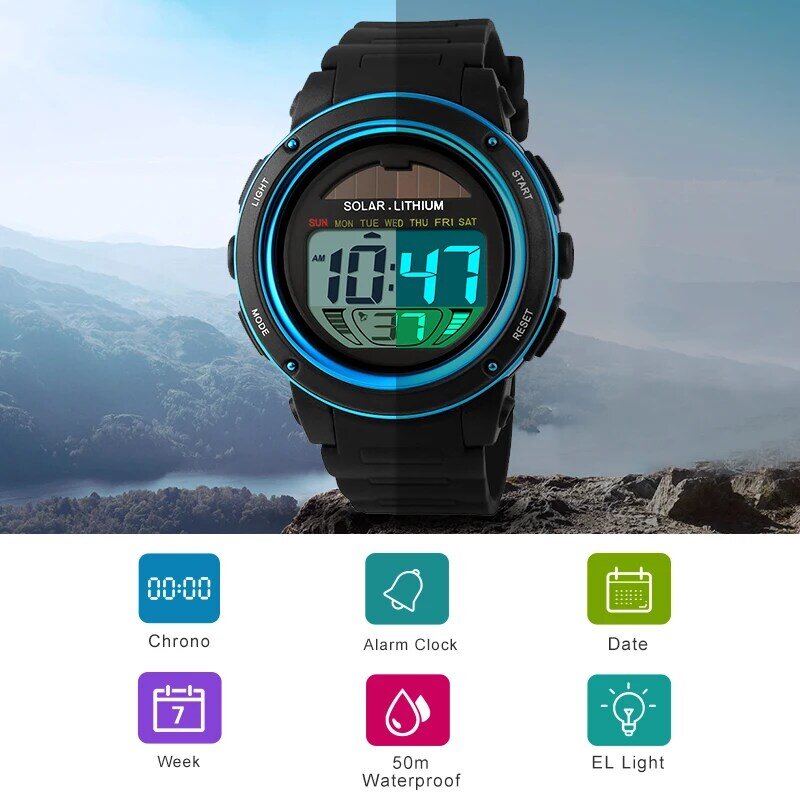SKMEI Relógios Desportivos Homens de Energia Solar Crono Relógio Digital de Choque 50 M Resistente À Água Relógios de Pulso Relogio masculino 1096
